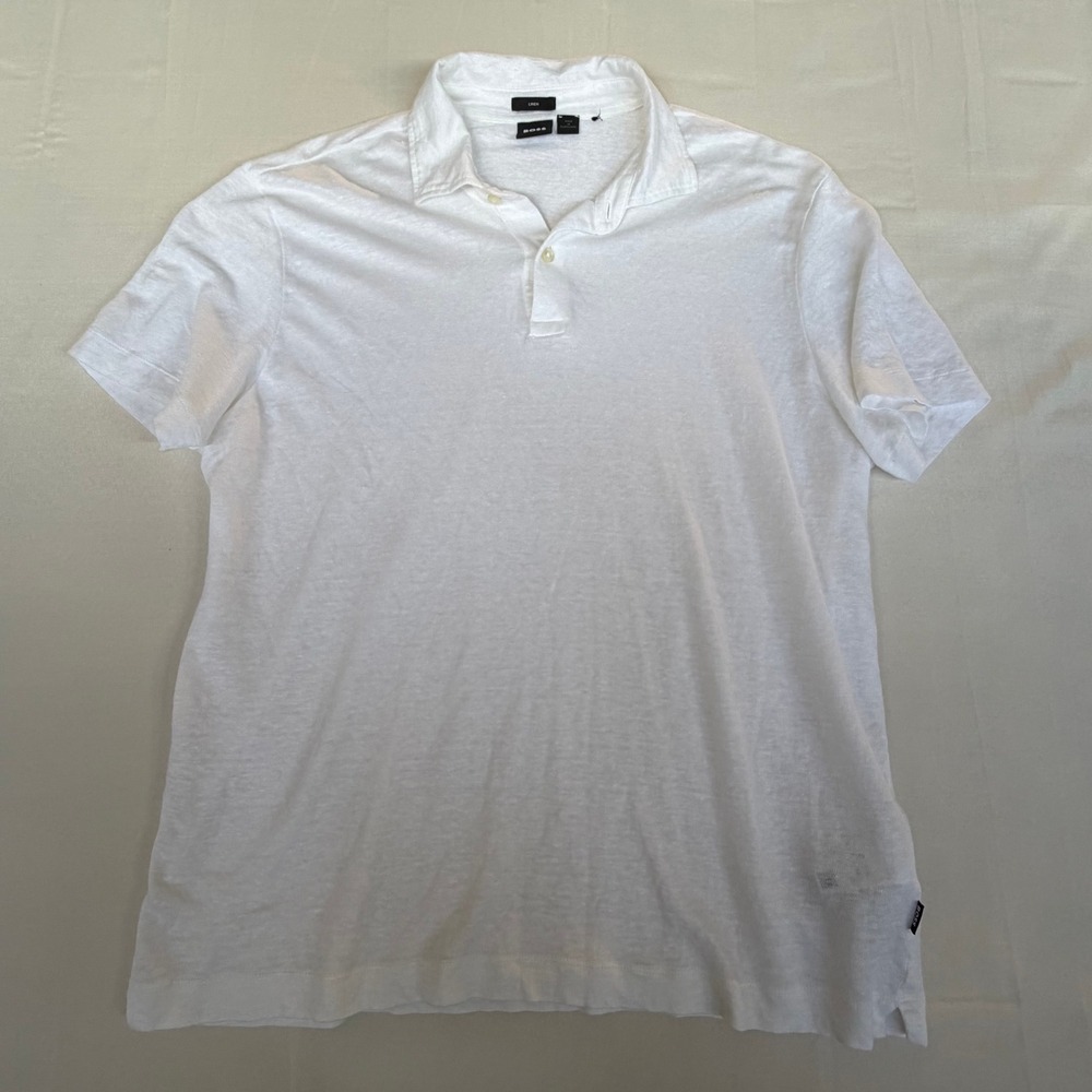 BOSS Men's Linen Polo Shirt XL White Minimalist Casual Preppy
